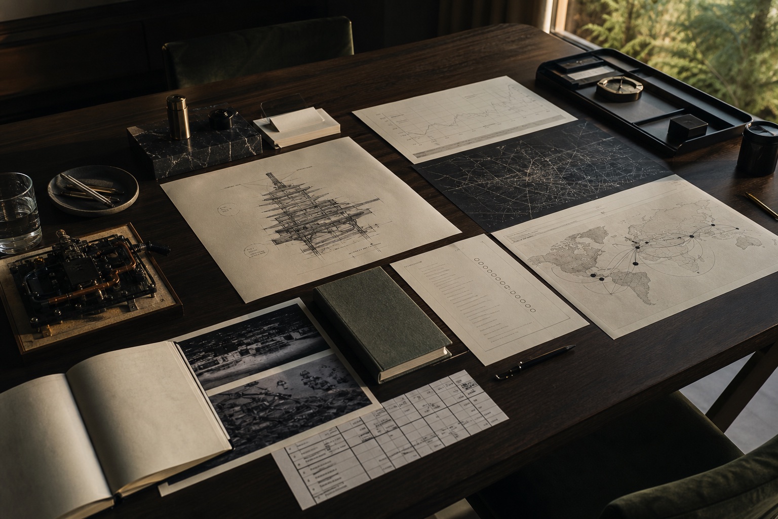 Founder memo table with architecture sketches, deployment maps, and institutional planning materials.