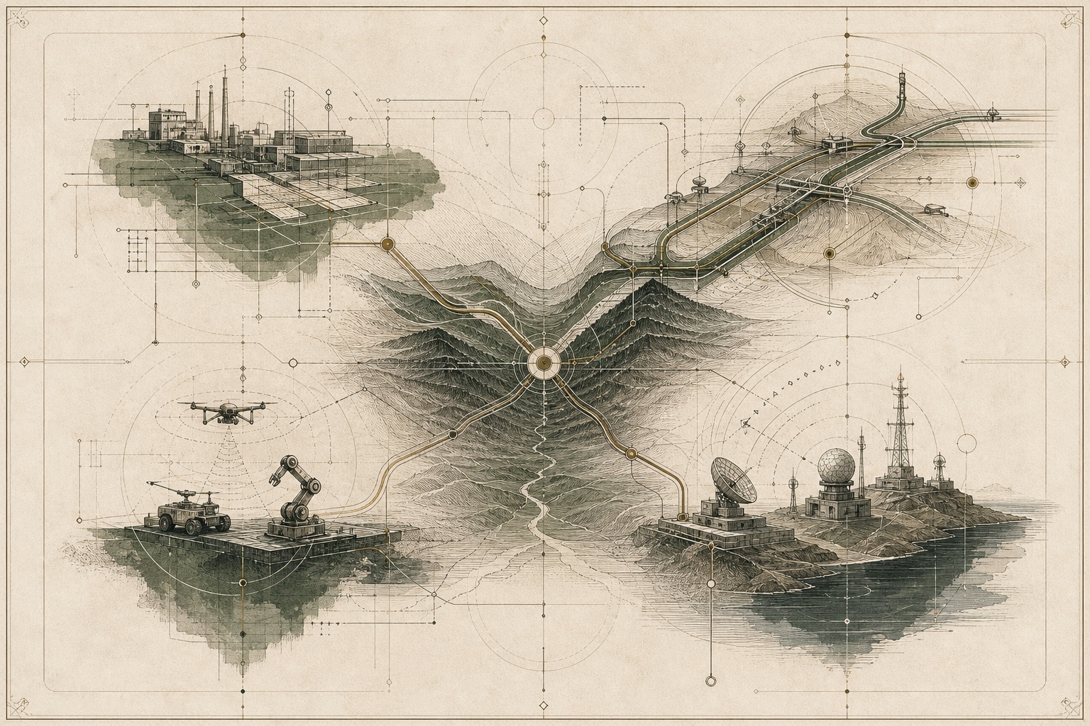 Engraved map of connected enterprise, infrastructure, physical systems, and defense themes.